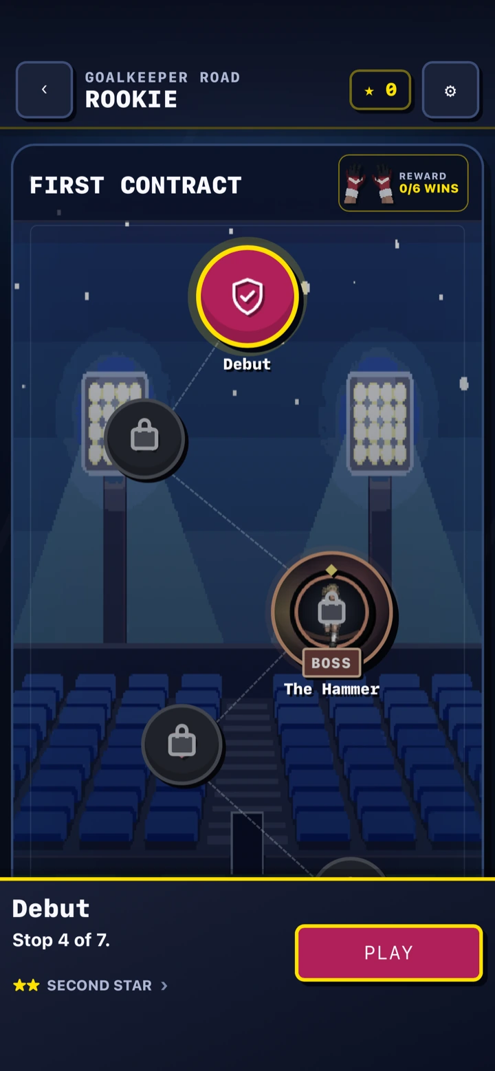 Goalkeeper Road career map in Penalty Rush with challenge nodes and a boss node