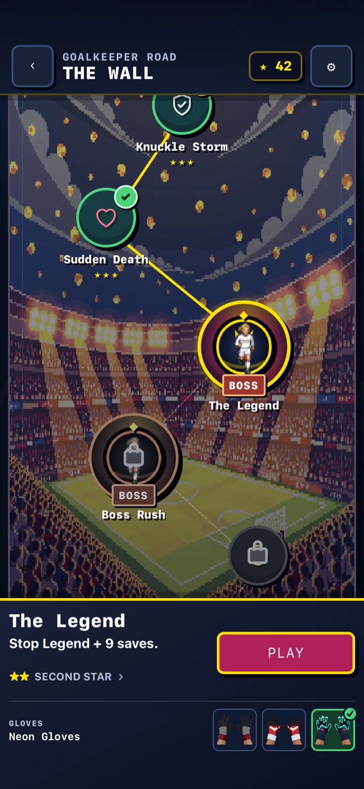 Penalty Rush career map: The Wall chapter with the boss node The Legend unlocked